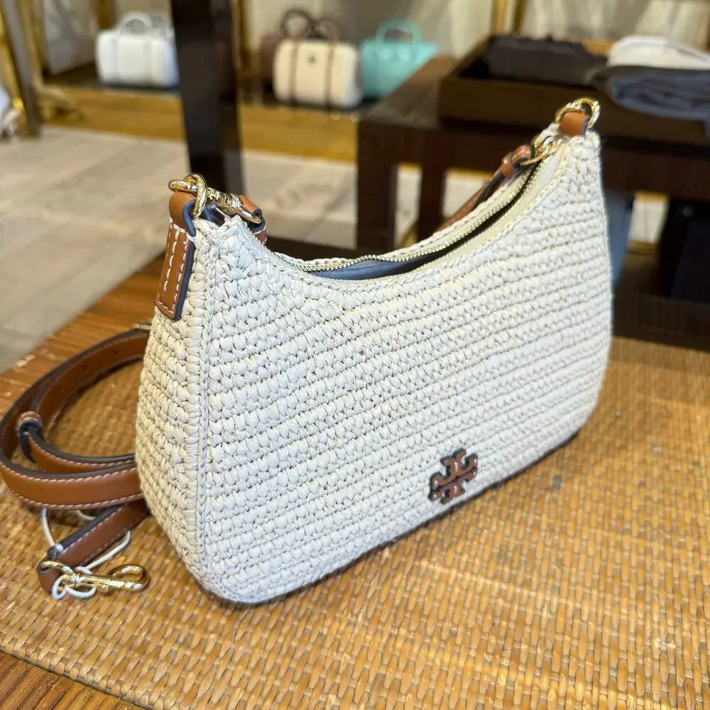 Tory Burch Cream Woven Straw Hobo with Brown Leather Trim